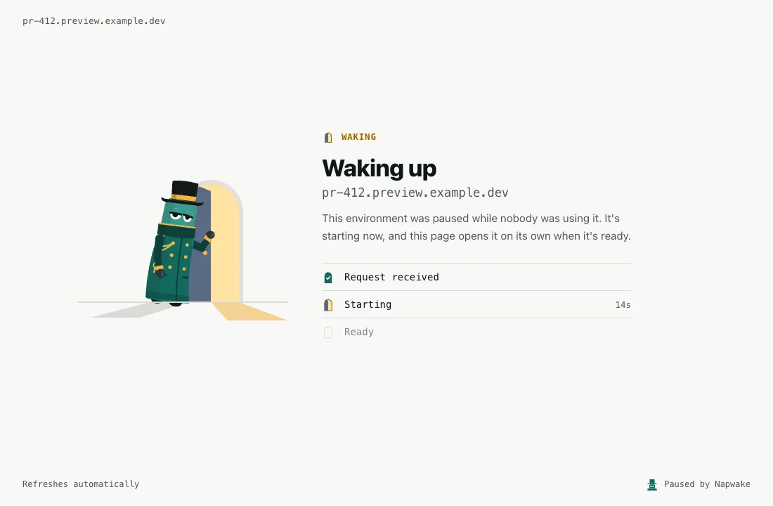 The waking-up page for pr-412.preview.example.dev, 14 seconds into starting